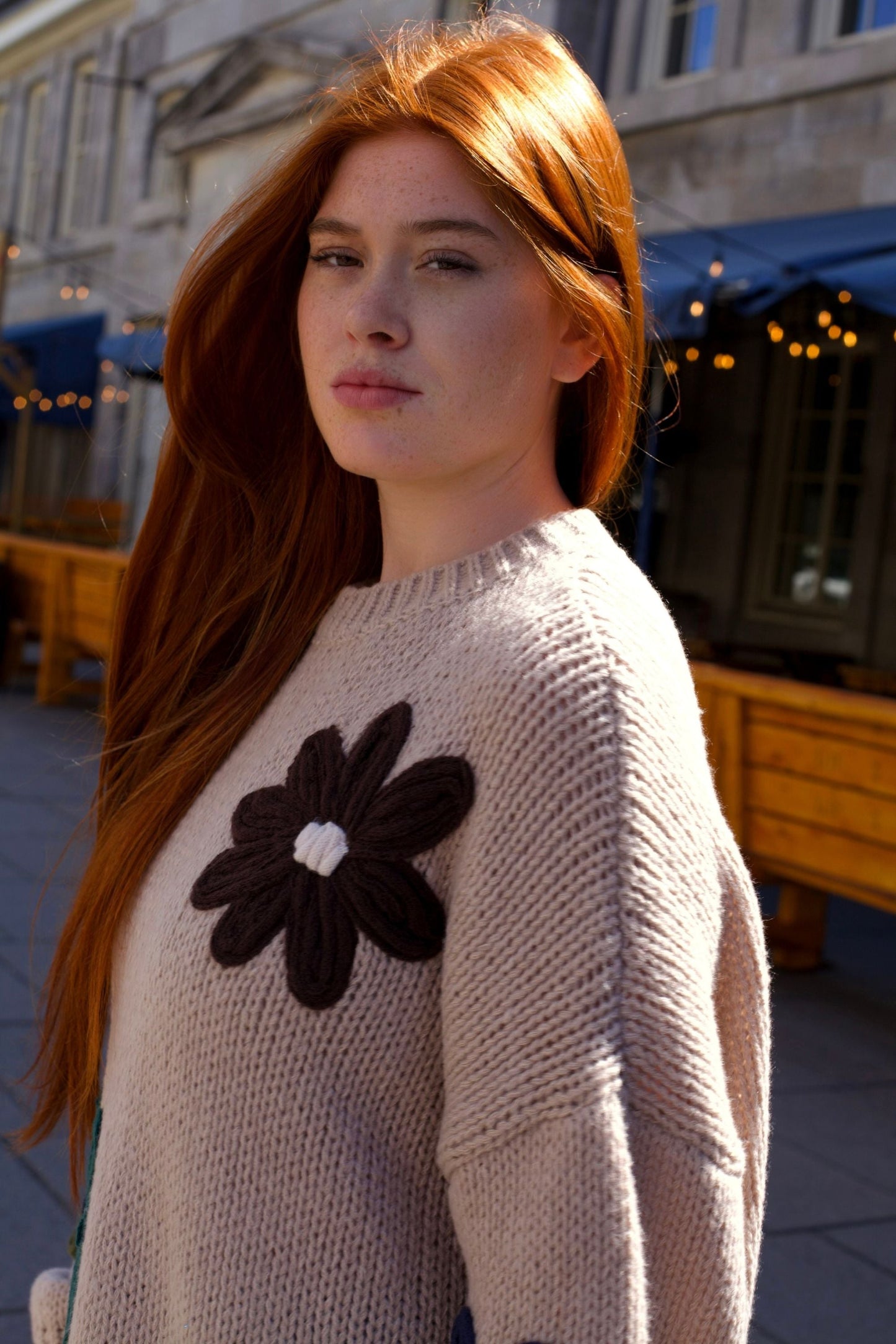 Tamara Women's Chunky Knit Sweater Embroidered Floral Appliqué-3